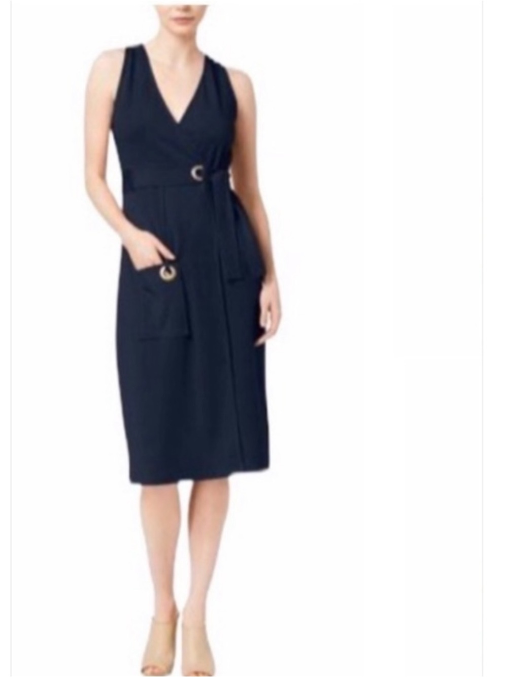 Kensie Navy Sleeveless Faux Wrap Midi Dress with Tie Belt – Size Large